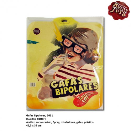 Jonhatan Notario, Gafas Bipolares, 2011. (Cuadro-blister). Acrílico sobre cartón, Spray, rotuladores, gafas, plástico, 45,5 x 38 cm. Jonhatan Notario, Gafas Bipolares, 2011. (Cuadro-blister). Acrílico sobre cartón, Spray, rotuladores, gafas, plástico, 45,5 x 38 cm.